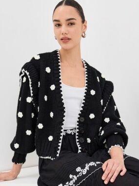 Farm Rio Black and White Flowers Cardigan XS